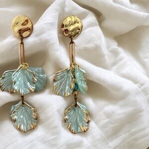 Gold and Green Leaf Dangle Earrings